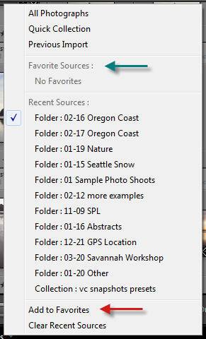 Lightroom filmstrip shortcut to recent folders and collections