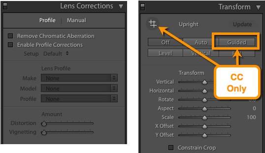 Lens Corrections features reorganized into Lens Corrections and Transform panels