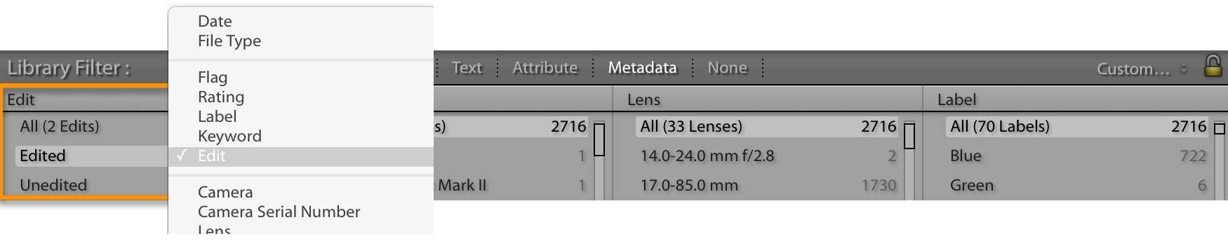 Lightroom Classic Edited/Unedited Metadata Filter