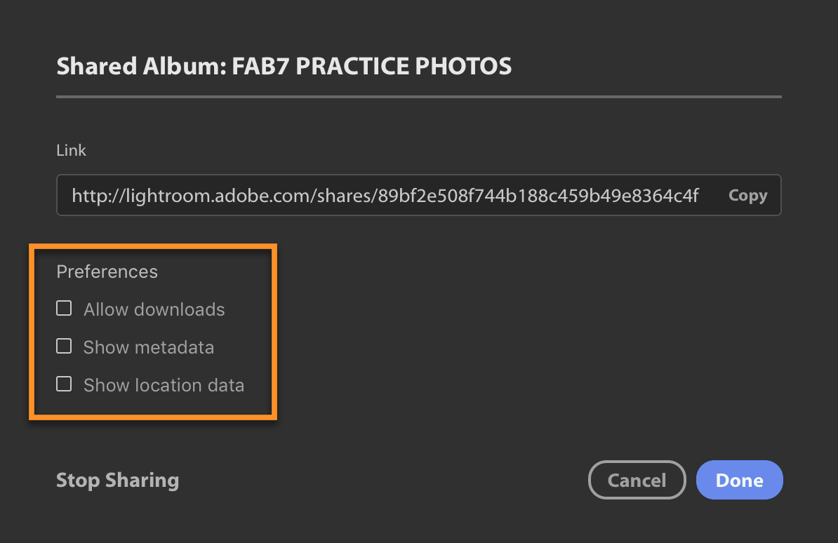 Lightroom CC Album Sharing Options