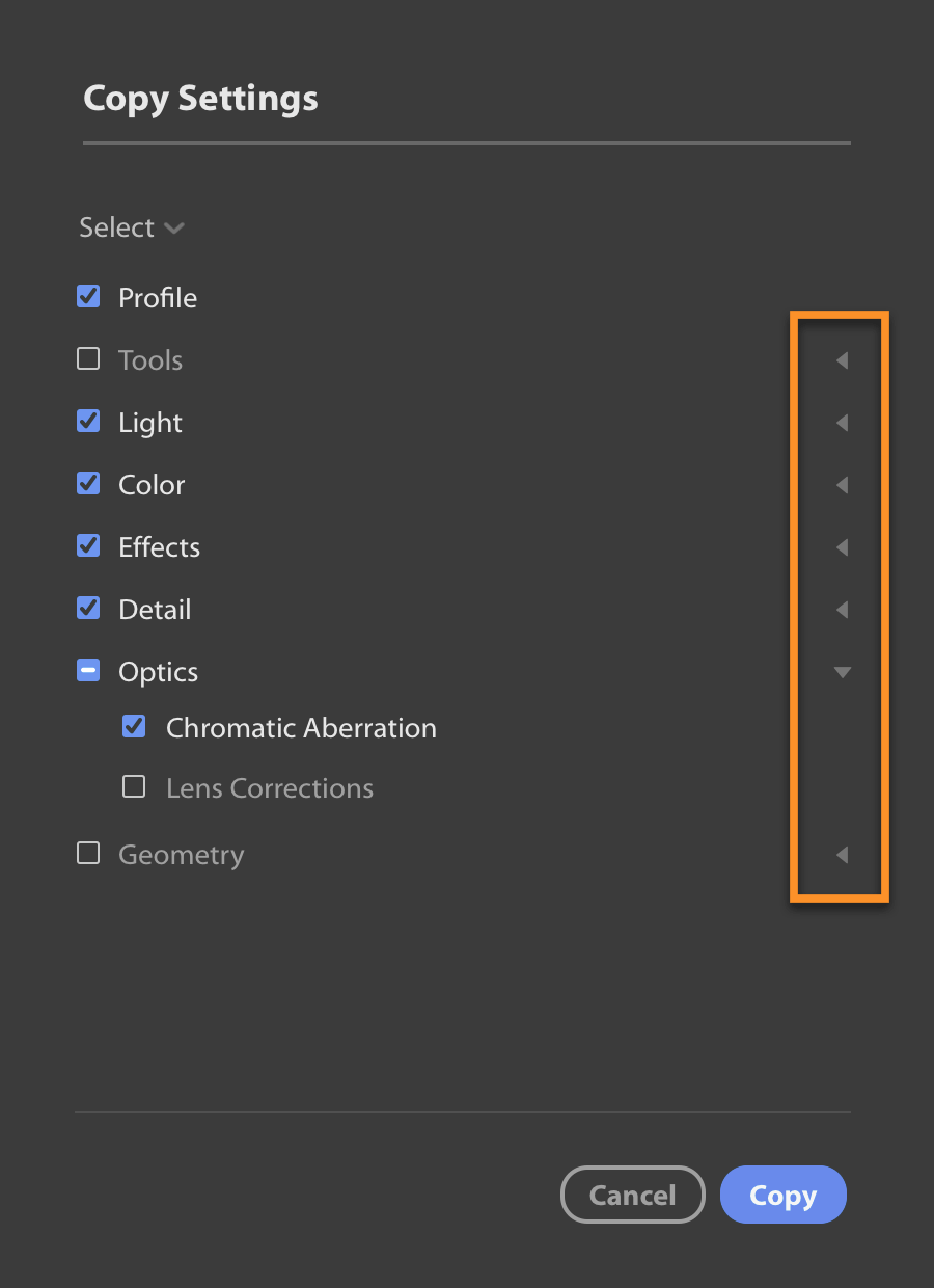 Choose Edit Settings to Copy in Lightroom CC