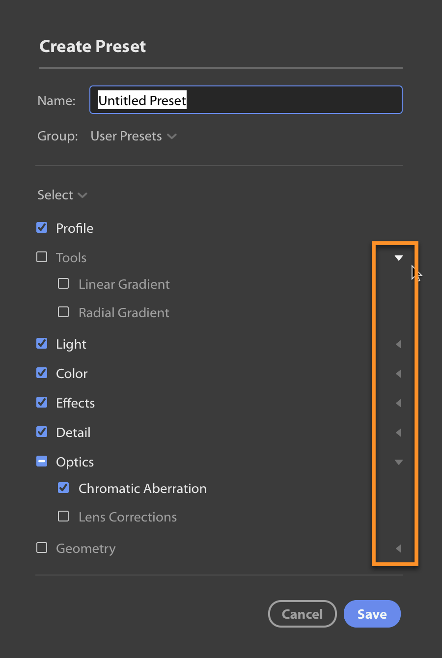 Choose Settings to Include in a Lightroom CC Preset