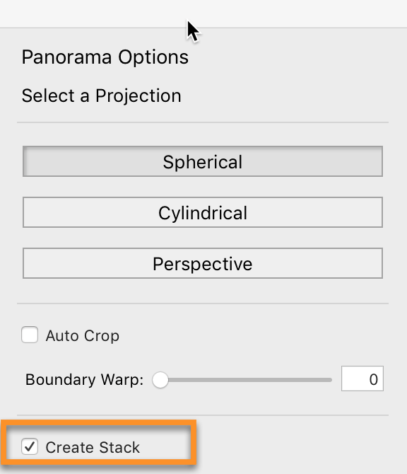 LR Classic Panorama Options: Create Stack