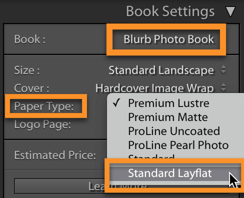 Choose Blurb's Layflat paper option in Lightroom Classic's Book module.