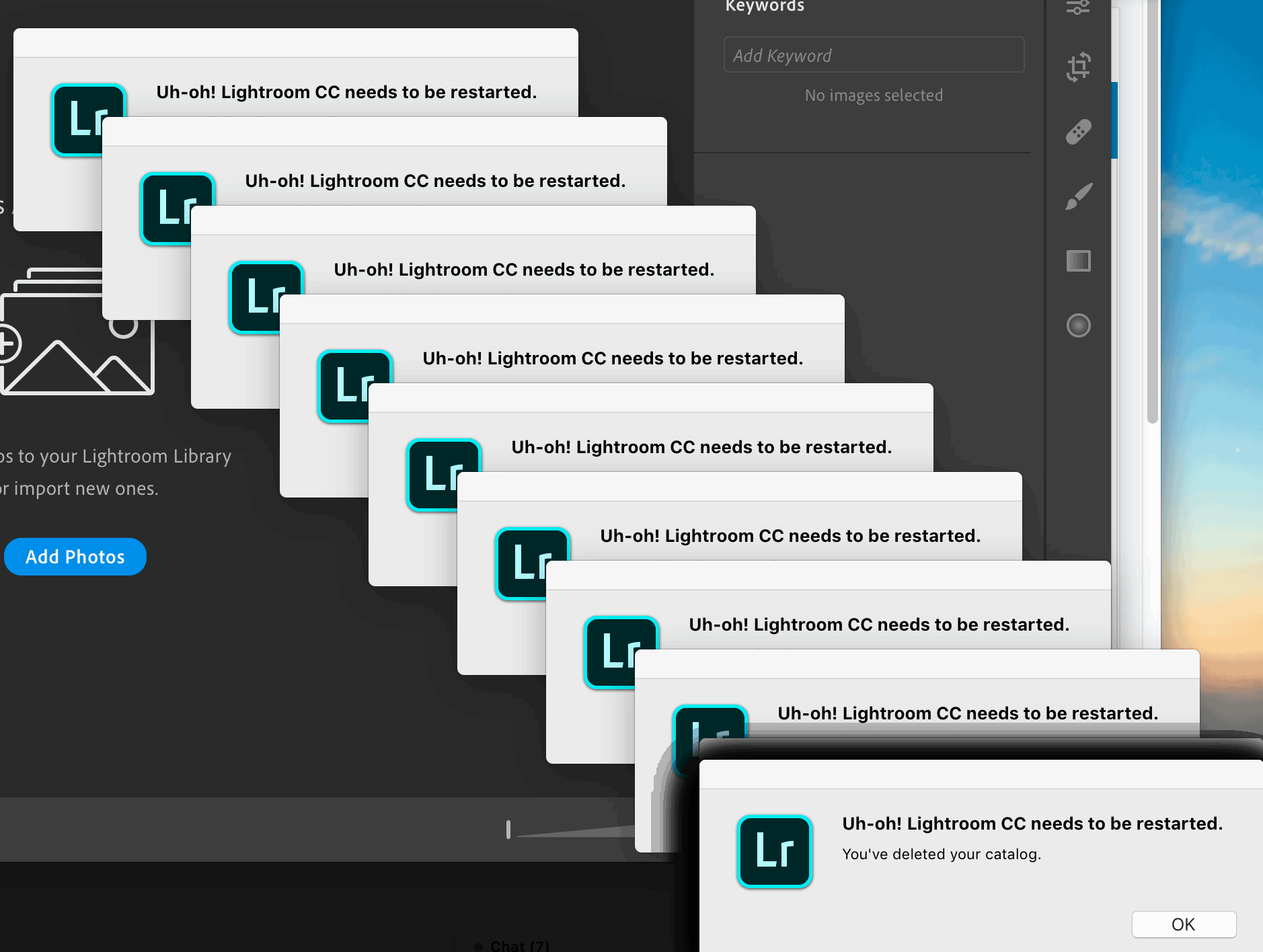 Lightroom CC needs to be restarted - deleted catalog message