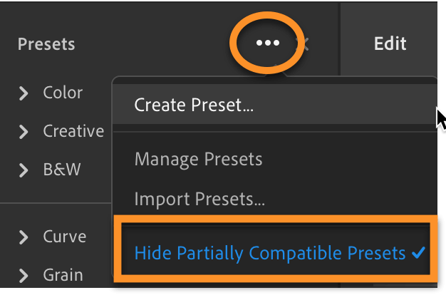 Lightroom CC: Hide Partially Compatible Presets