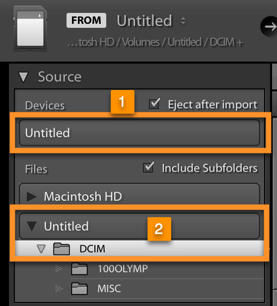 Choose memory card device or folder when importing