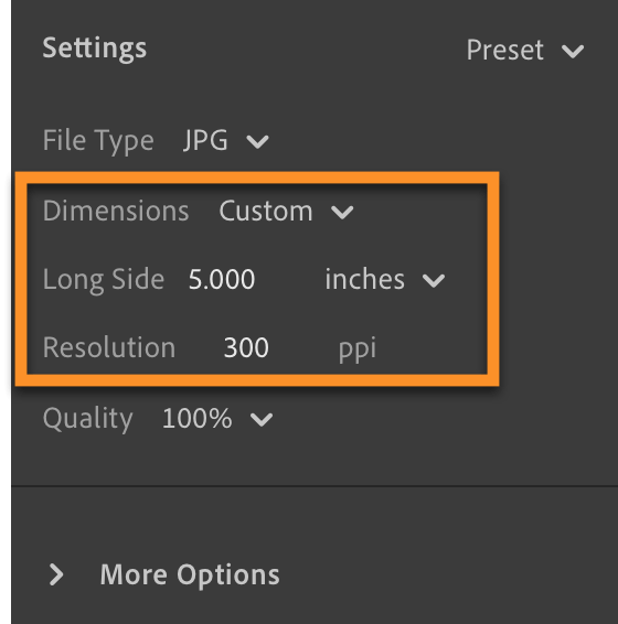 Lightroom export: file size in inches