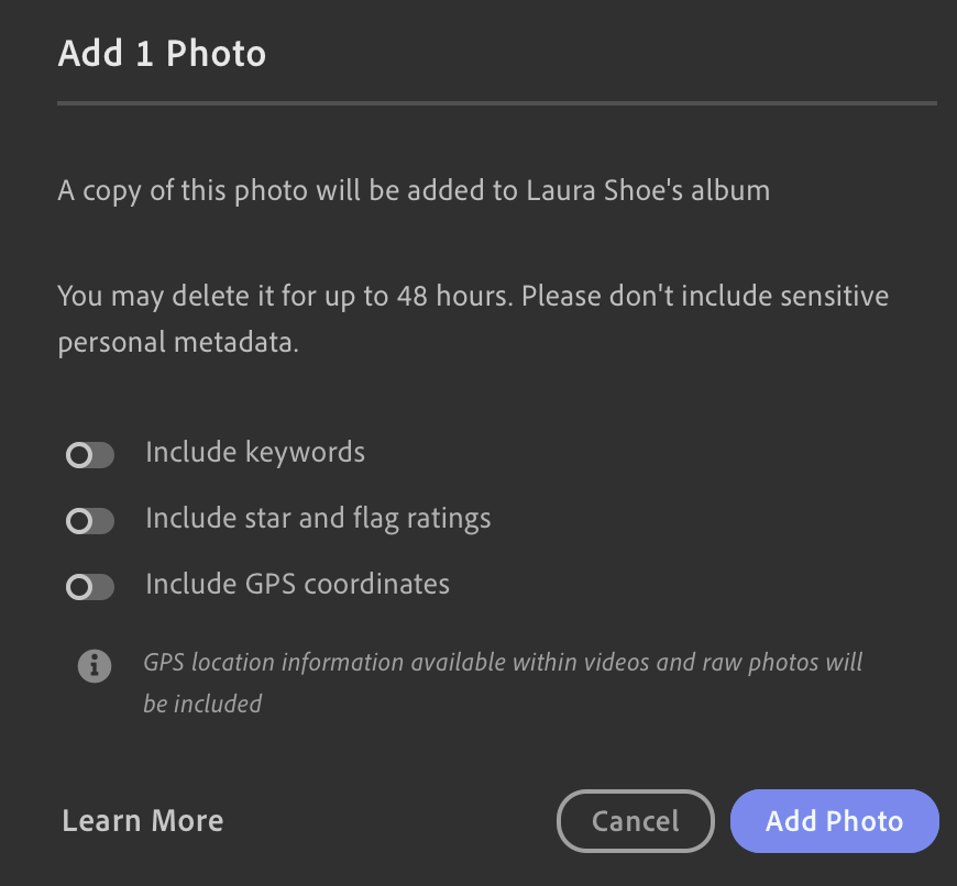 Lightroom Desktop: Control Metadata Shared When Contributing to Others' Albums