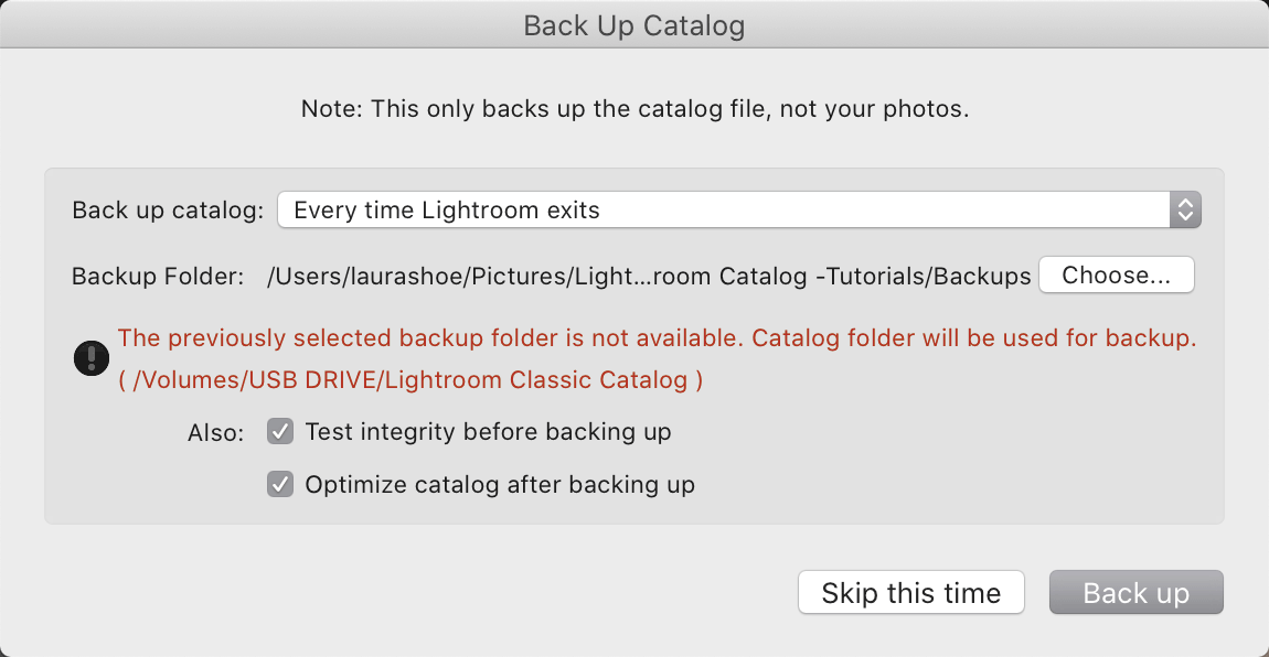 Lightroom Classic Catalog Backup: Missing Drive Warning